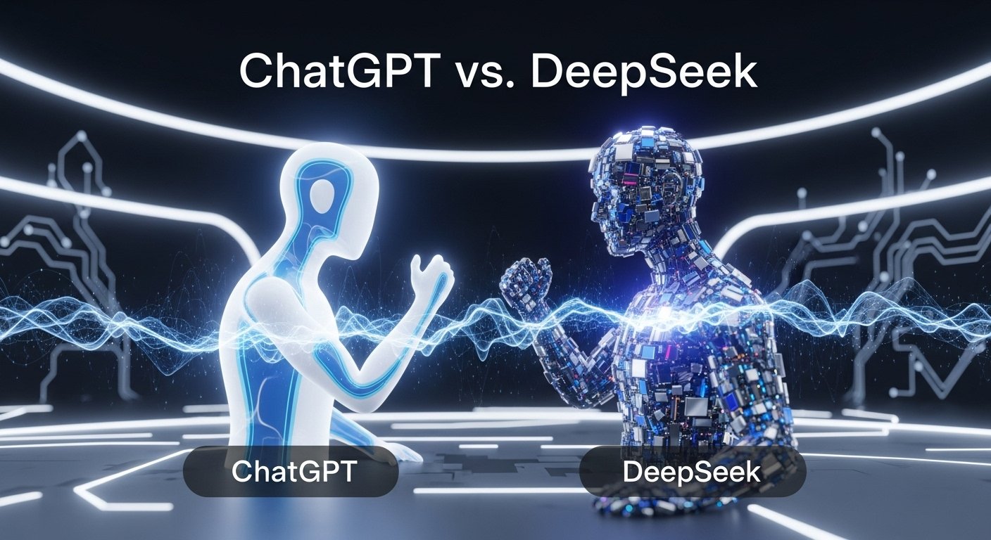 A visually engaging image depicting a focused confrontation between two distinct AI entities, highlighting their core strengths. On one side, representing "ChatGPT," is a sleek, articulate AI avatar, perhaps a flowing digital figure, radiating bright, clean whites and blues, symbolizing its conversational fluency and broad knowledge base. On the other side, representing "DeepSeek," is a more structured and perhaps technically intricate AI entity, glowing with strong, foundational colors like deep blues, silvers, or purples, indicative of its specialized depth and robust algorithmic architecture. They are positioned in a modern, almost minimalist digital arena, with subtle energy currents or data streams flowing between them, creating a sense of tension and direct comparison. The background is clean and high-tech, featuring abstract circuit patterns and glowing lines, keeping the focus squarely on the two AI models. The text "ChatGPT vs. DeepSeek" is boldly and clearly displayed at the top, integrated into the digital aesthetic.