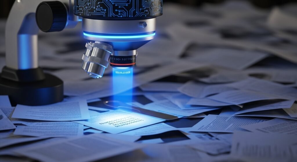 An AI represented as a powerful digital microscope, hovering over a mountain of documents and highlighting a single, critical piece of data that was previously hidden, symbolizing its deep-dive research capability.