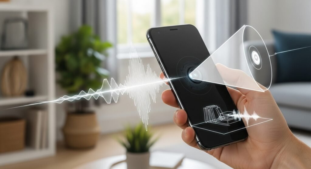 An image of a user holding a smartphone. A fluid, real-time audio wave and a vision cone are shown emanating from the phone and interacting with the world, symbolizing GPT-4o's seamless, low-latency voice and vision processing.