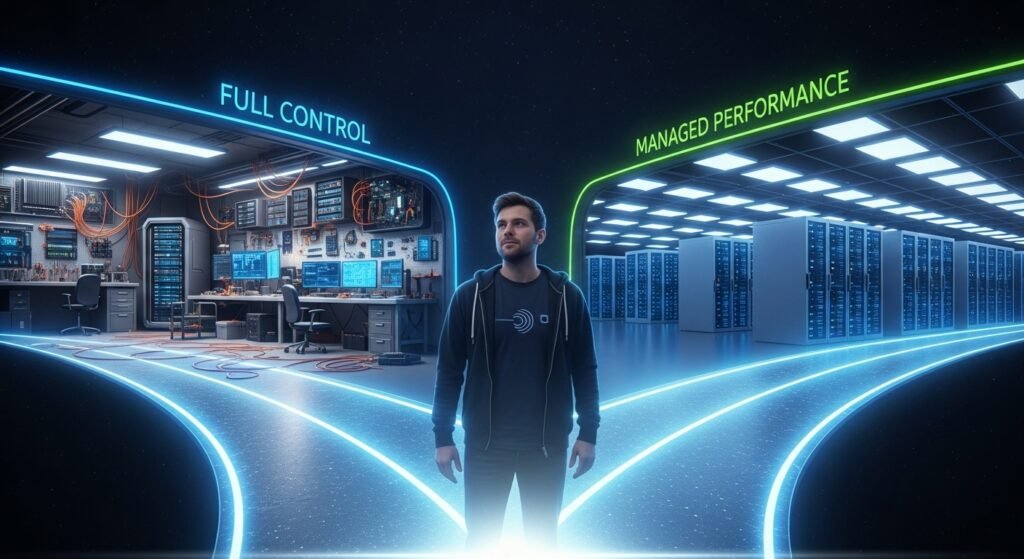 An image showing a developer standing at a fork in a digital road. One path leads to a personal workshop filled with customizable servers and hardware, labeled "Full Control." The other path leads to a massive, stable, and sleek data center in the cloud, labeled "Managed Performance."