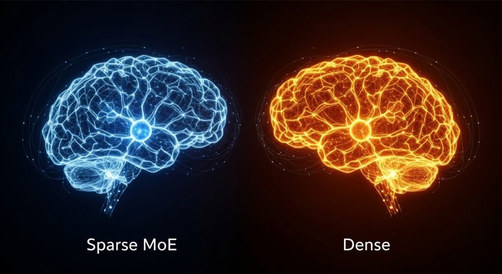 A minimalist visual showing two AI brains. The brain on the left, labeled "Sparse MoE," has only a specific, targeted network of neurons light up to solve a problem. The brain on the right, labeled "Dense," shows the entire structure glowing brightly for the same task.