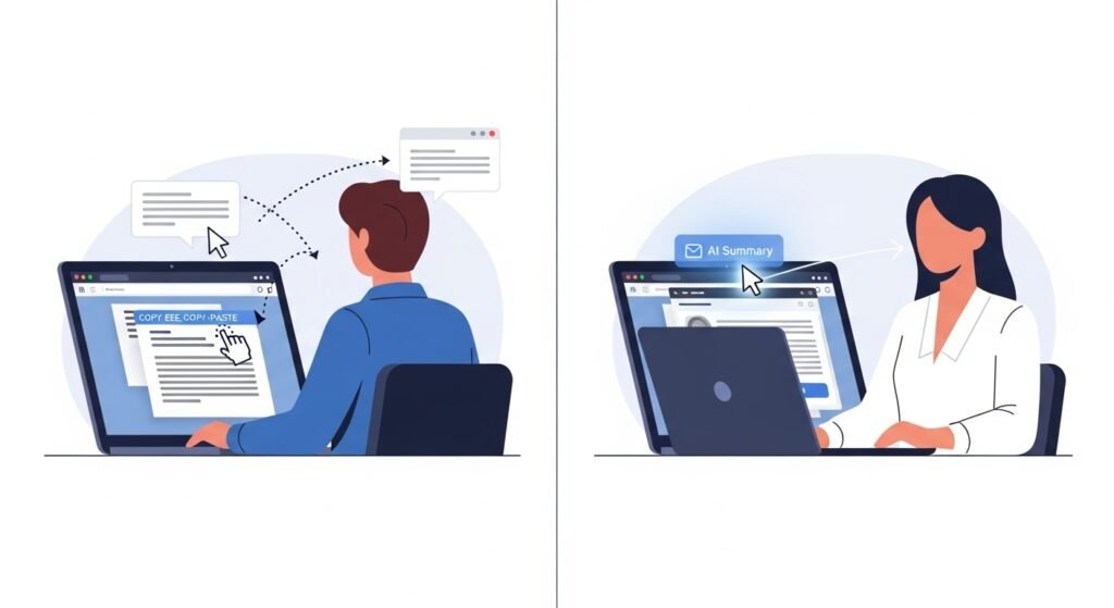 A stylized depiction of a professional's workflow. On the left, a user is shown copying data from an email and pasting it into a separate chat window. On the right, a user simply clicks an AI button within their email client, showing a seamless, integrated action.