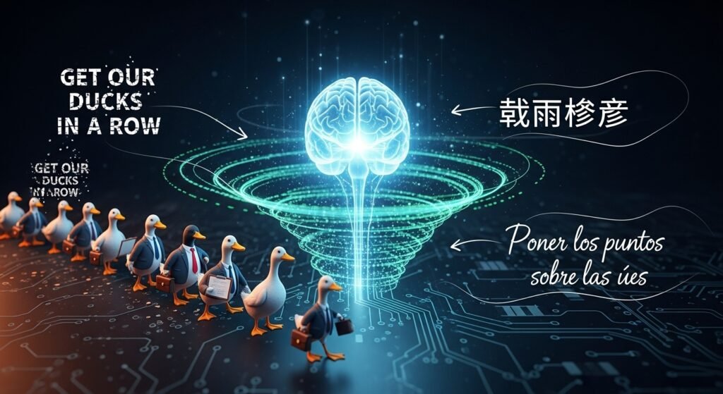 An image showing a complex English idiom (e.g., "get our ducks in a row") being processed by an AI. The output is a smooth, natural-sounding phrase in Mandarin and Spanish characters, illustrating a translation of meaning, not just words.