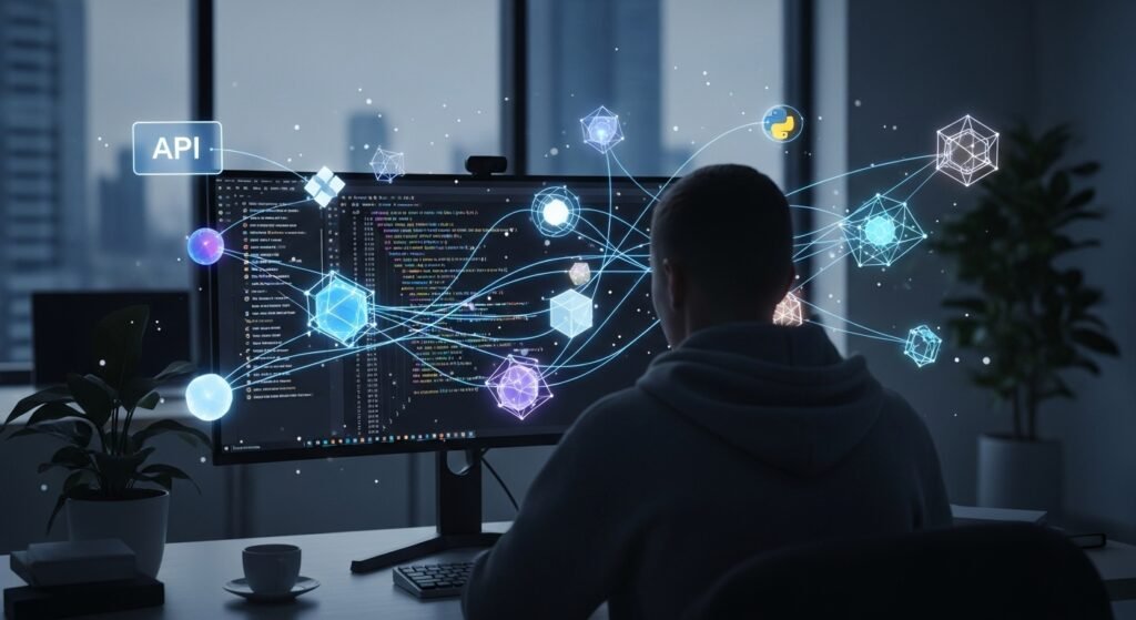 A clean, wide-angle shot from behind a developer. On the screen is perfectly formatted Python code. Abstract, glowing API endpoints and data nodes are visualized in the air between the screen and the developer, symbolizing efficient API integration and low latency.