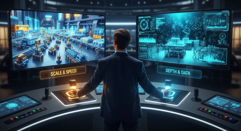 A professional in a suit stands at a large, futuristic control panel with two distinct levers. One lever, labeled "SCALE & SPEED," controls a view of a bustling digital factory floor. The other, labeled "DEPTH & DATA," controls a deep-dive research laboratory interface. This visualizes the strategic business choice.