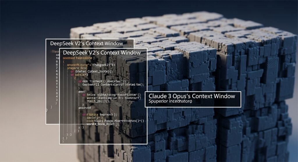 A visual of a massive, monolithic block of computer code. A smaller bracket labeled "DeepSeek V2's Context Window" only covers a portion of the block. A larger bracket labeled "Claude 3 Opus's Context Window" easily encompasses the entire structure.