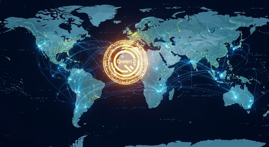 A digital map of the world with a network of light connecting various countries. At the center of the network is a glowing, open-source logo, symbolizing Qwen 2's power for building global, customizable applications.