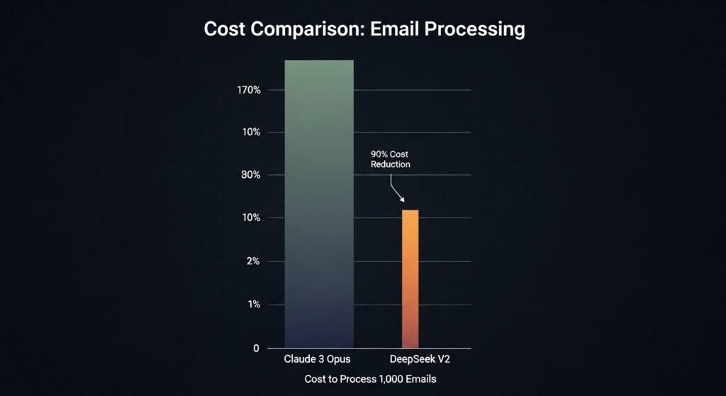 A simple, dramatic bar chart. Two bars side-by-side are labeled "Cost to Process 1,000 Emails." The bar for "Claude 3 Opus" is very tall. The bar for "DeepSeek V2" is extremely short, visually representing the staggering 90% cost reduction.