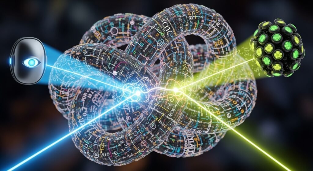 An image of an intricate ethical dilemma, represented by a glowing, complex knot of logic. One AI provides a straight, correct line through the knot. The other AI provides a more comprehensive solution, highlighting not just the main path but also the surrounding nuances and alternative approaches.
