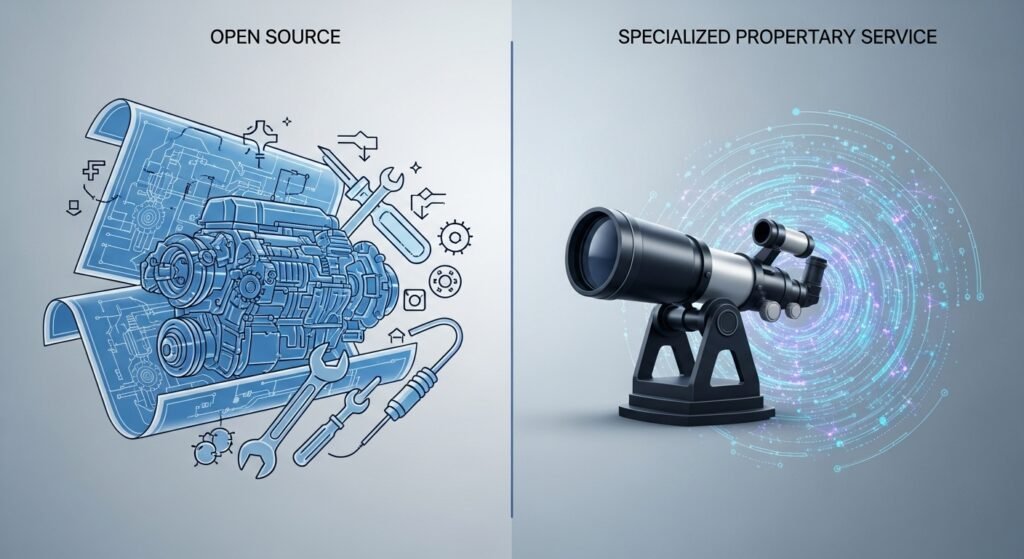 A minimalist digital image showing two concepts. On the left, a set of open engine blueprints and tools, symbolizing the control of open-source. On the right, a single, powerful, sealed telescope pointed at a vast field of data, symbolizing a specialized proprietary service.
