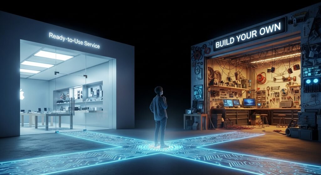 A person standing at a digital crossroads. One path leads to a sleek, modern, Apple-Store-like building labeled "Ready-to-Use Service." The other path leads to a vast, open workshop or garage filled with tools and parts, labeled "Build Your Own."