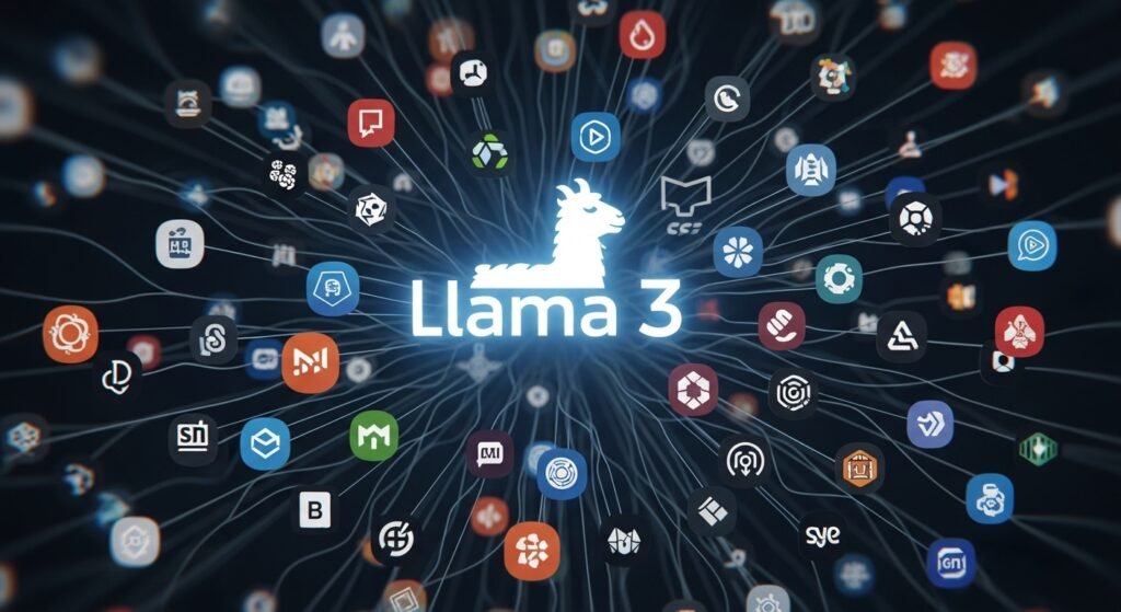 A central, glowing Llama 3 logo. Dozens of smaller, diverse, community-created icons and logos are shown branching off from it, forming a massive, interconnected network that represents the power of the open-source ecosystem.
