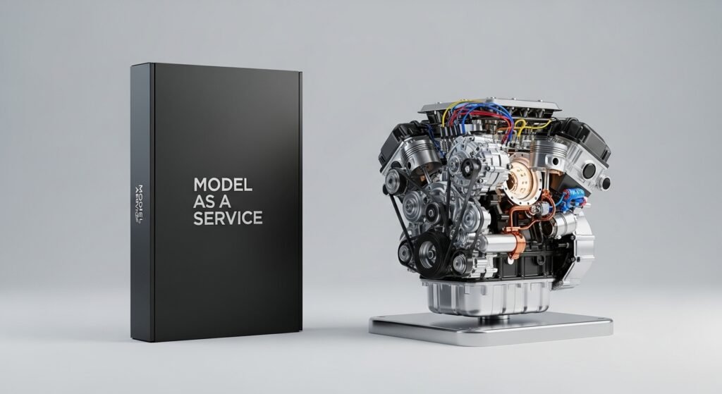 A minimalist digital image showing two objects. On the left, a beautifully packaged, sealed, premium product box. On the right, a powerful, open engine with all its intricate components visible and ready for modification, symbolizing "Model as a Service" vs. "Open-Source Power."