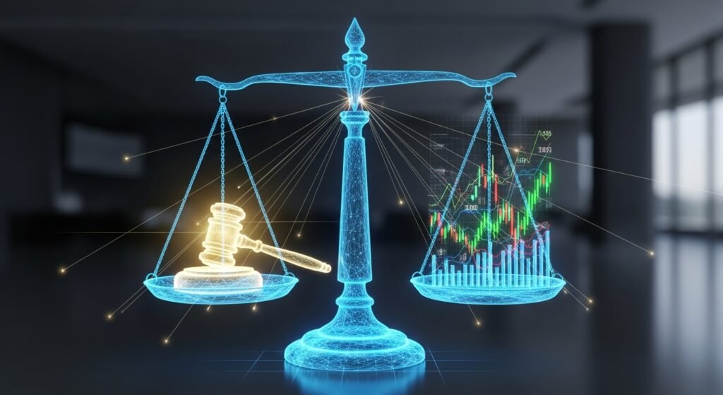 A futuristic, holographic image of a classic balance scale, with one pan holding a glowing legal gavel and the other holding a complex financial data chart. Lines of light scan over both objects, representing AI's analytical reasoning in high-stakes professional fields.