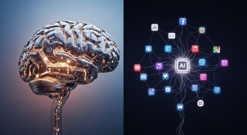 A minimalist, abstract image showing two concepts. On one side, an intricate, glowing mechanical brain, powerful and self-contained. On the other, a constellation of familiar application icons connected by a neural network to a central AI core, illustrating an integrated system.