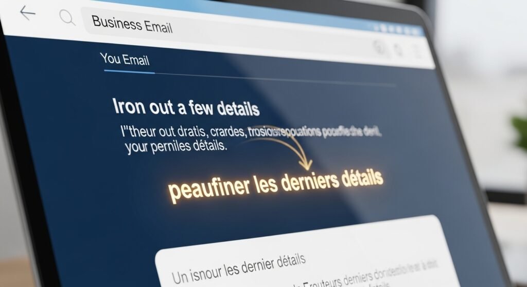 A stylized image of a business email on a screen. The original English text of an idiom like "iron out a few details" is shown transforming into a fluent, natural-sounding French equivalent, with a subtle glow emphasizing the nuanced translation.