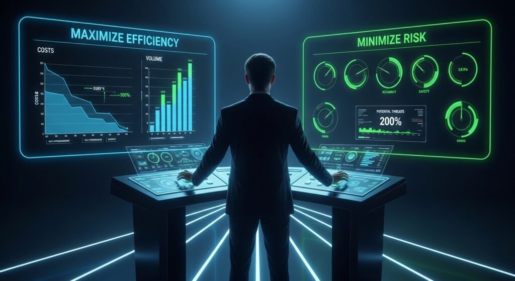 A business executive at a futuristic control panel with two large, distinct dashboards. One is a financial dashboard showing rapidly decreasing costs and high volume, labeled "Maximize Efficiency." The other is a risk management dashboard with dials for accuracy and safety all in the green, labeled "Minimize Risk."