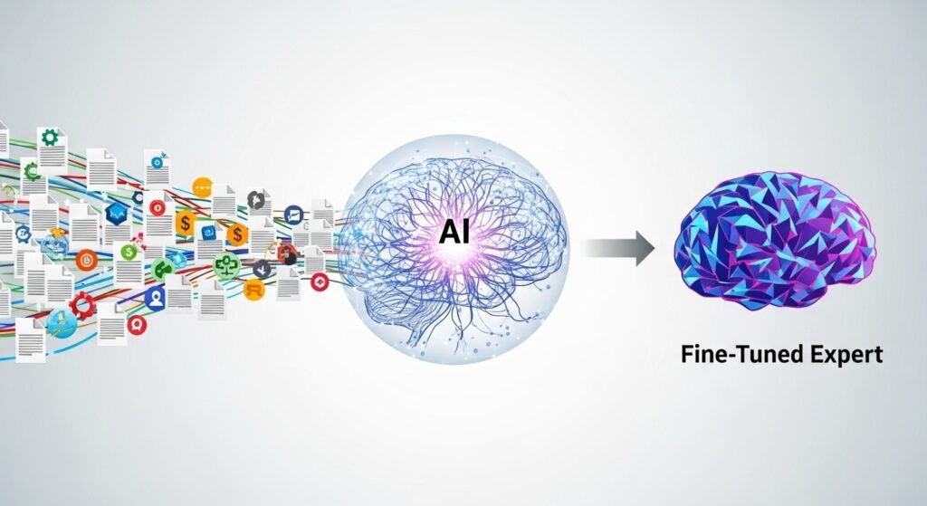 A clear infographic showing a generic AI brain. A stream of unique company documents flows into it. An arrow then points to a new, specialized AI brain that is uniquely colored and labeled "Fine-Tuned Expert," visually explaining the customization process.