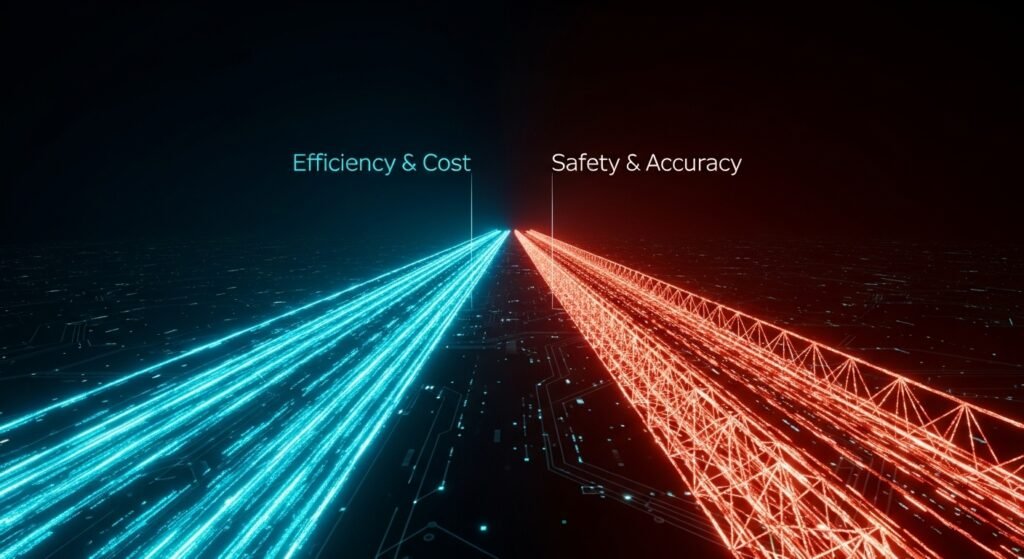 A minimalist image showing a digital crossroads. Two pathways diverge from a single point. One path is a wide, straight superhighway made of light, labeled "Efficiency & Cost." The other is a meticulously constructed, intricate bridge, labeled "Safety & Accuracy." This visually represents the strategic choice for the enterprise.