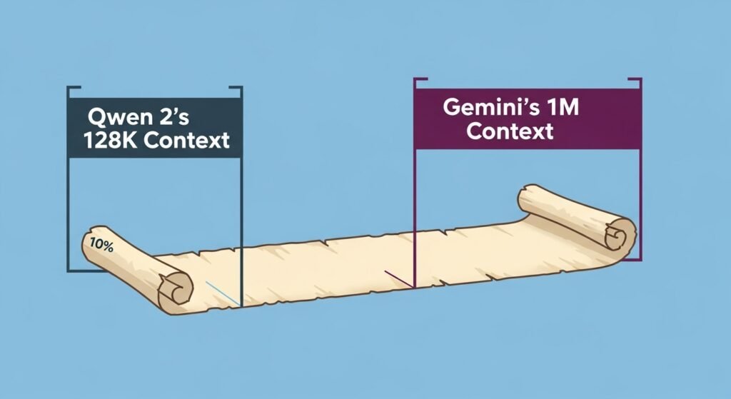 A simple, clear infographic showing a massive, scroll-like document. A smaller bracket labeled "Qwen 2's 128K Context" covers only the beginning of the scroll. A much larger bracket labeled "Gemini's 1M Context" easily encompasses the entire document.