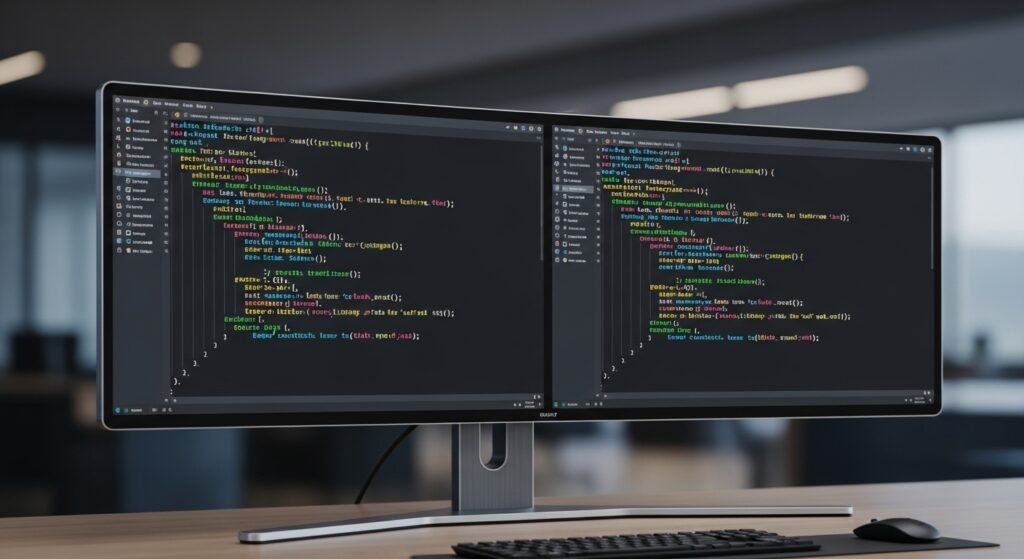 A clean, wide shot of a futuristic computer monitor with two panels of code side-by-side. Both panels display identical, perfectly written Python scripts with syntax highlighting, symbolizing the equal, top-tier coding performance of both models.