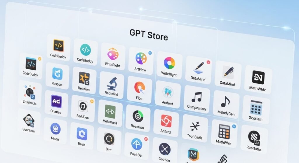 A visually engaging representation of the GPT Store. A clean, modern digital library shelf or grid filled with dozens of unique, colorful app-like icons, each symbolizing a different custom-built GPT for a specialized task like coding, design, or writing.