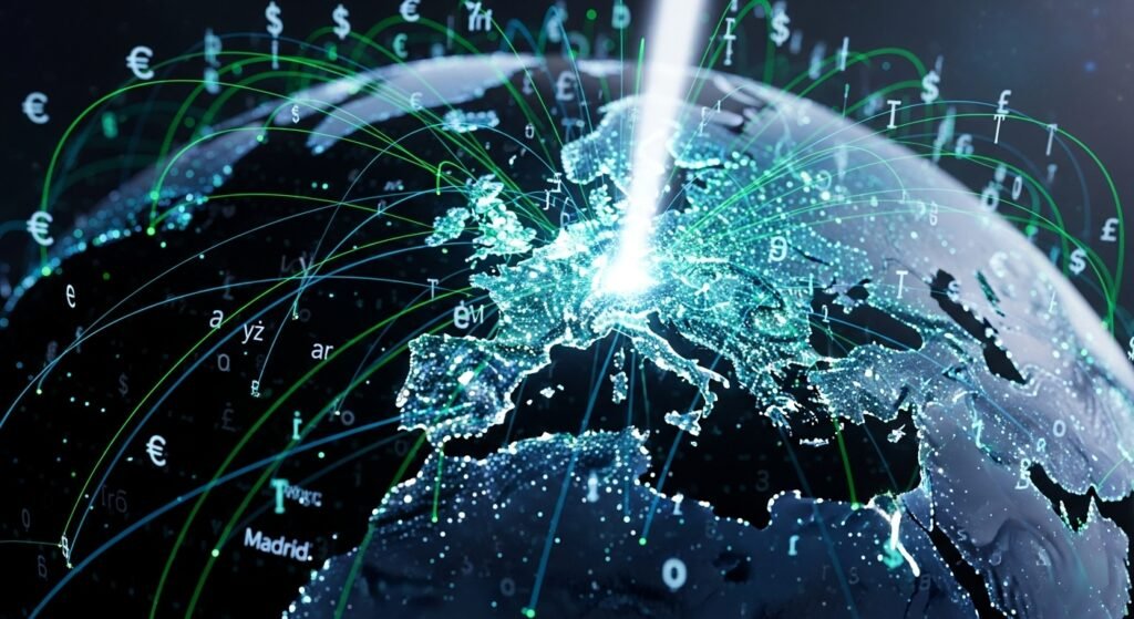 A sleek, digital globe with a bright spotlight on Europe. Glowing lines representing data flow connect various European capitals. Different international language characters (e.g., €, $, £, Ä, É, Ñ) subtly float within the data streams, illustrating advanced multilingual communication.