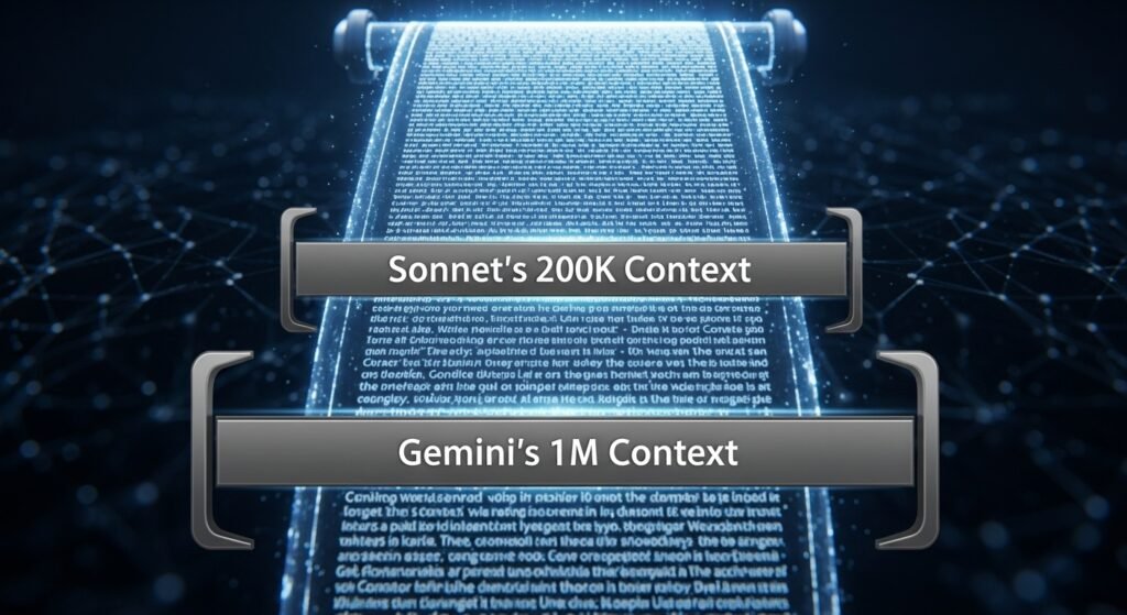 A simple, powerful visual: an image of a huge, glowing digital document (like a scroll or book). A small bracket labeled "Sonnet's 200K Context" covers only the first section. A much larger bracket labeled "Gemini's 1M Context" easily encompasses the entire document from beginning to end.